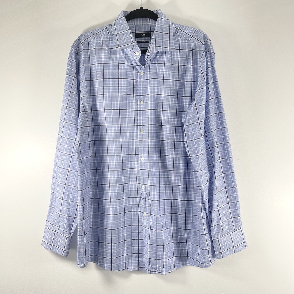 Hugo Boss‎ Dress Shirt Men's 17.5 34-35 White Blue Sharp Fit Plaid Button Up